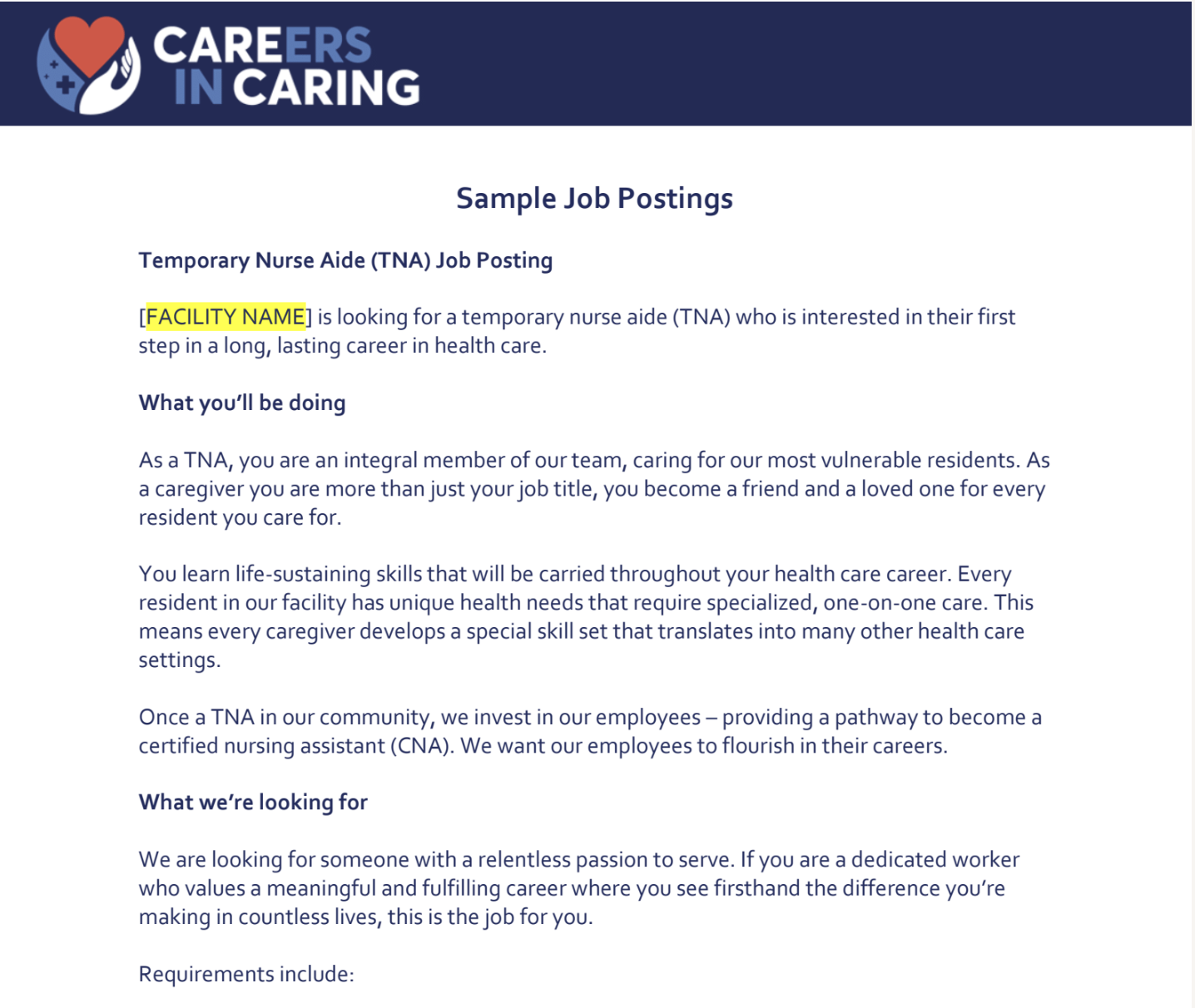 Sample Job Postings Editable Careers In Caring